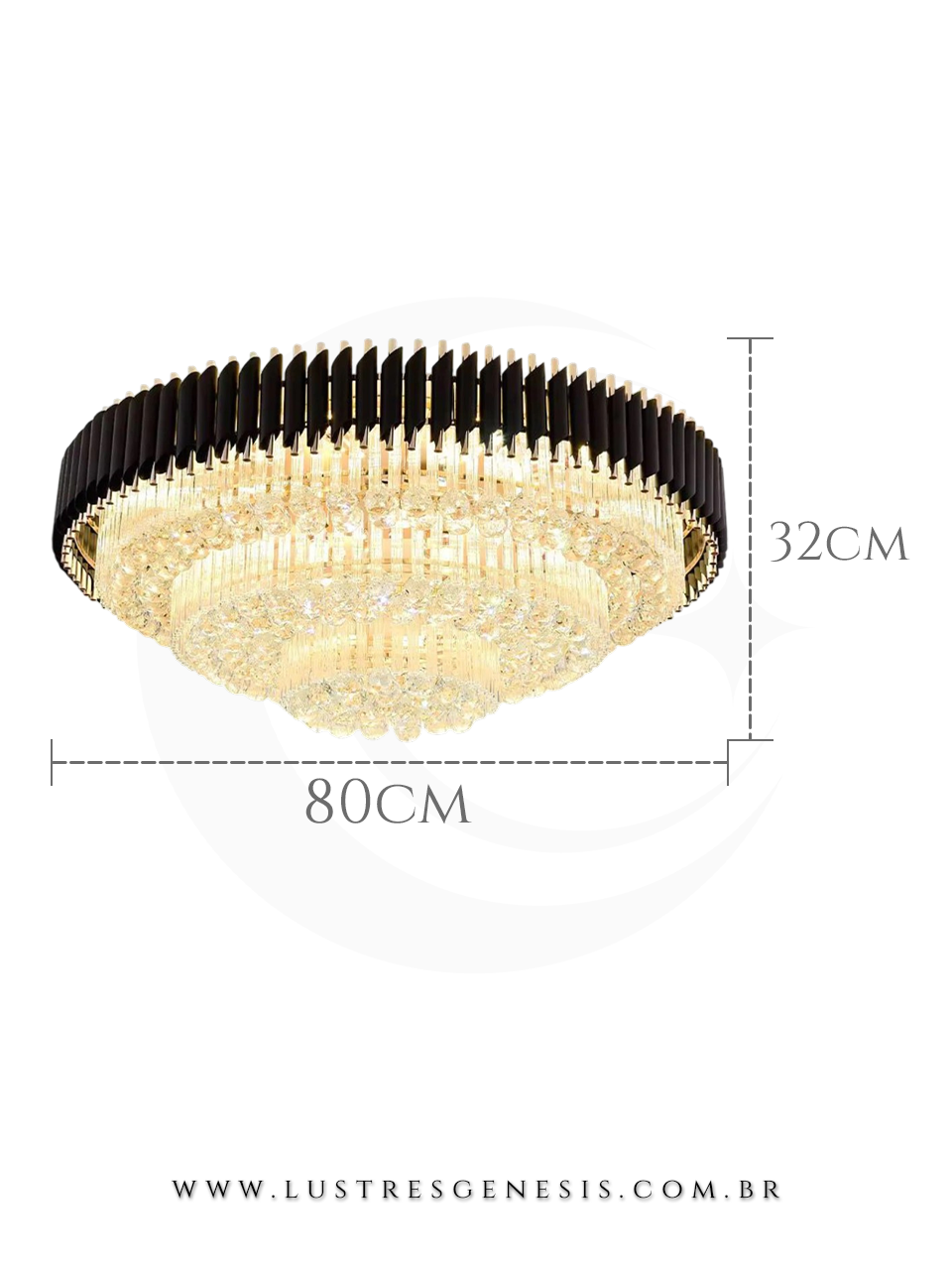 Plafon Tun&iacute;sia de Cristal e Metal Preto/Dourado 80cm Luxo